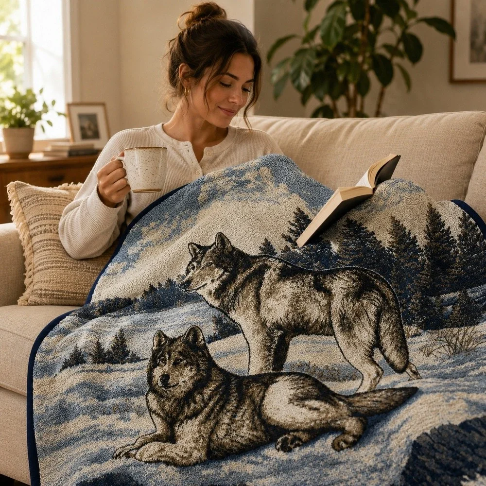 Vintage Biederlack Wolf Blanket Reversible Blue White Fleece Made in USA 56x74